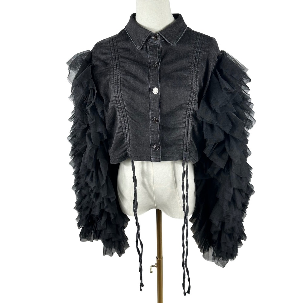Akira NWT Highway To Hell Jacket Women M Black Denim Cropped Tulle Ruffle Sleeve